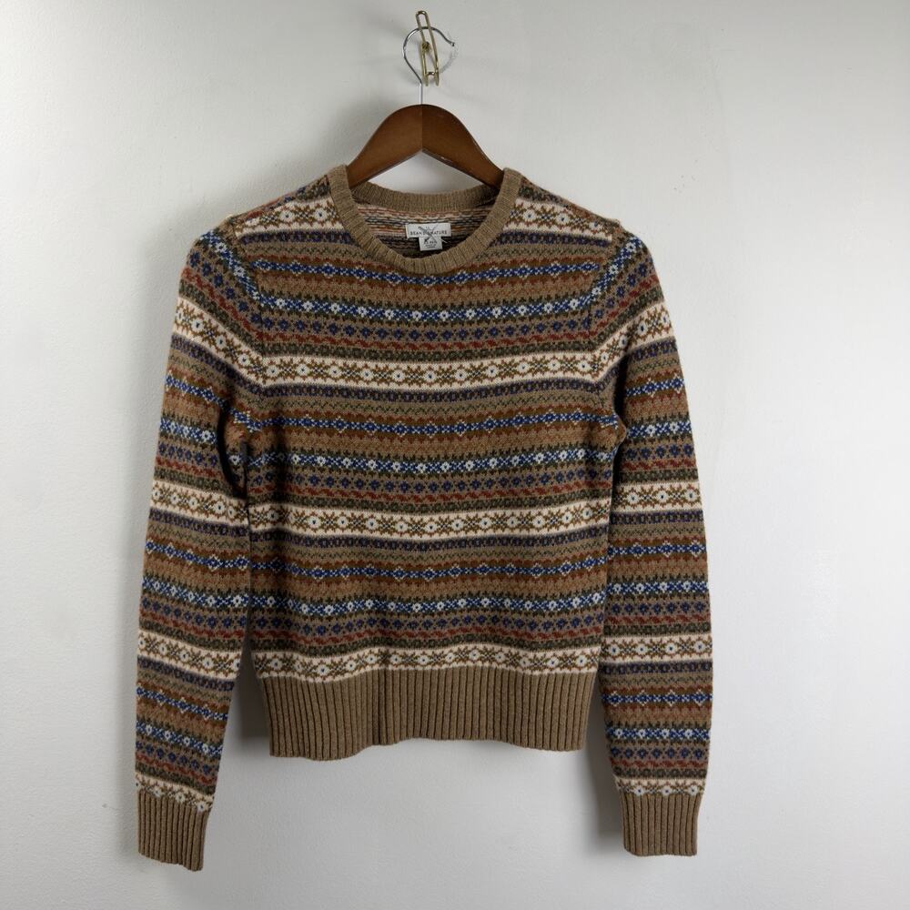 NWT L.L. Bean Women's Sweater Sz XS 100% Merino Wool Fai Isle Design Brown Cream